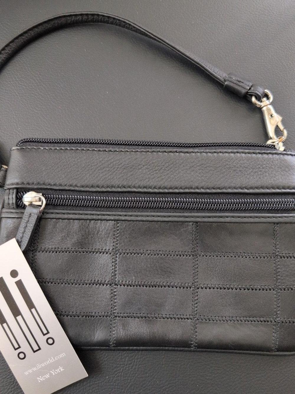 NWT Ili New York Black leather wristlet with multiple pockets and zippers